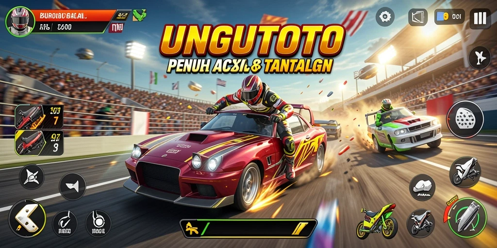 Tampilan gameplay balapan seru UNGUTOTO dengan berbagai kendaraan.